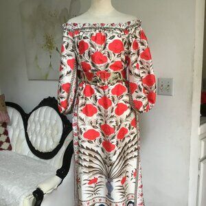L'ATISTE By Amy Satin Floral Long Dress Tunic Cold Shoulder Slit Sides S